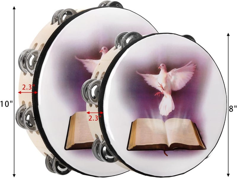 Elsjoy Set of 2 Tambourine, 10" and 8" Dove and Bible Church Tambourine with Double Row Jingle, Wooden Handbell Hand Clap Drum Percussion Instrument - Image 2